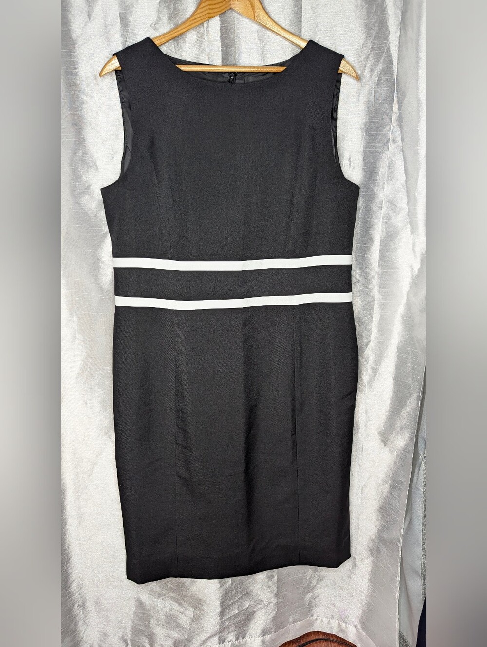 Evan Picone Women's Black White Colorblock Sheath Round Neck Zip Dress 14 Classy